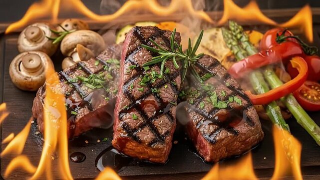 A mouth-watering close-up of three perfectly grilled steaks, sizzling with steam and adorned with fresh rosemary and chopped herbs. Distinct char marks cover the juicy meat, presented alongside beauti