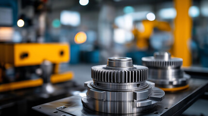 Fototapeta premium Production of modern gearboxes in industrial facility, closeup of gear wheels in mechanical engineering, manufacturing process for transmission components, precision-engineered