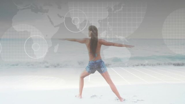 Woman initiating wide stance on beach, flowing through stretches with map grid overlay for fitness