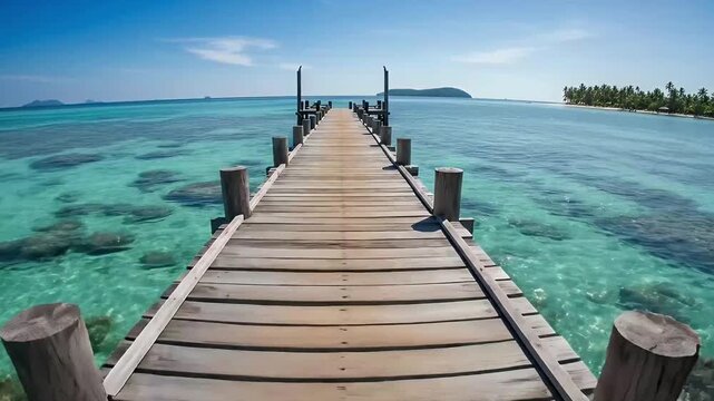 A picturesque long wooden pier extends gracefully over crystal-clear turquoise ocean waters, leading the eye towards a serene horizon under a brilliant blue sky. In the distance, a lush tropical islan