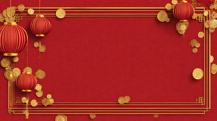 Festive Red Background with Lanterns and Coins for Celebrations