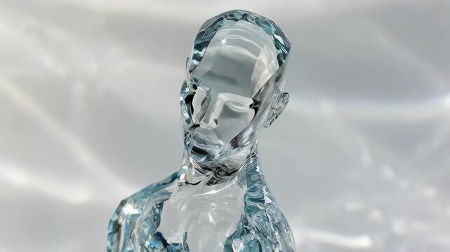 Glass human figure with reflective head and crystalline body changing poses. Technology, science and AI, innovation concept.