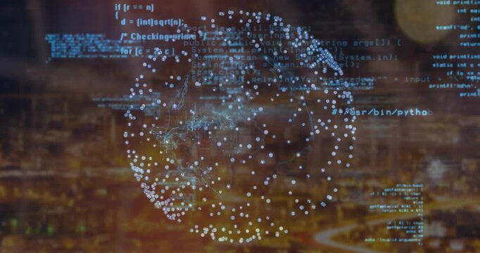 Code snippets sliding in from sides initiating sphere rotating over city lights visualizing data