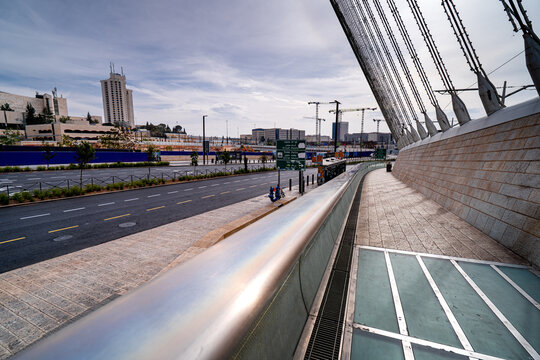 Chord Bridge Jerusalem without people. Empty modern city in Israel, Middle East.