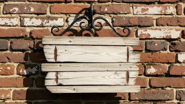 A rustic and weathered blank wooden sign hangs from an elegant, ornate black metal bracket against a textured, old red brick wall. The bricks show signs of wear, with patches of peeling white paint or