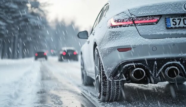 Close-up of silver car rear wheel with winter tire on snowy slushy road, detailed tire tread pattern, snow spray and water splashing from tire, chrome exhaust pipe visible