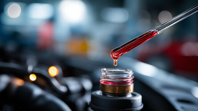 Automatic transmission oil dipstick from vehicle gearbox, red colored fluid on measuring stick indicating level, automotive maintenance tool with transmission oil sample, car
