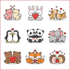 Obraz premium Cute animal couples hugging set. Cartoon pets and wildlife in love.
