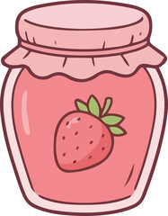 hand drawing illustration of kawaii strawberry fruits jam jar