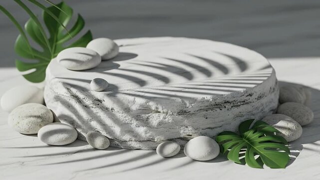 A serene and minimalist natural display featuring a textured white stone pedestal surrounded by smooth white pebbles and lush green tropical leaves. Sunlight casts striking shadow patterns of palm fro