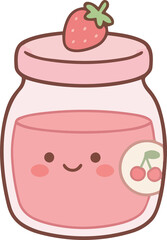hand drawing illustration of kawaii strawberry fruits jam with cherry sticker