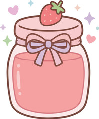 hand drawing illustration of kawaii strawberry fruits jam
