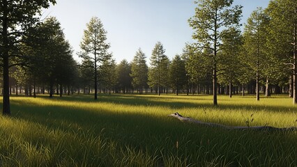 Lush Green Forest Clearing Bathed in Golden Sunlight.