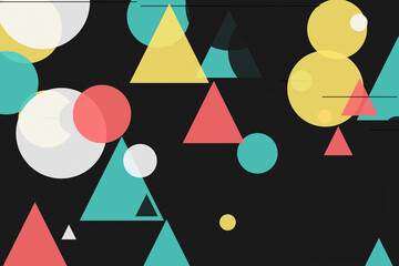 Abstract Neon Geometric Shapes, Dark Retro Background, Vibrant Triangles Circles, 80s Style Pattern, Creative Art Design, Black Backdrop