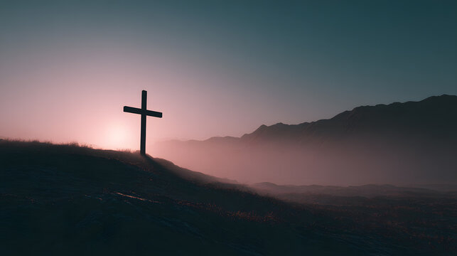 Dark minimalist Good Friday background, single cross on a hill at dawn, subtle fog, dramatic.