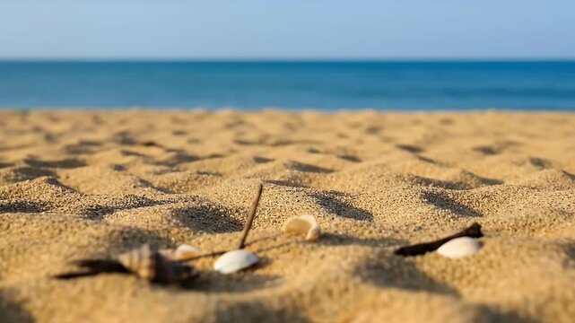 A serene, low-angle shot captures the tranquil beauty of a sun-drenched sandy beach. The foreground is filled with golden, textured sand, dotted with delicate seashells and small pieces of natural dri