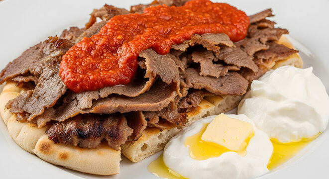 A close-up view of a traditional dish with thinly sliced meat, red sauce, and yogurt on toasted bread