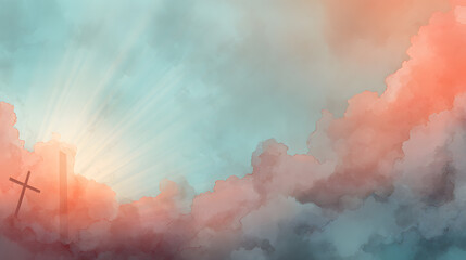 Obraz premium Artistic Good Friday background, watercolor-inspired sky with soft clouds and light rays.