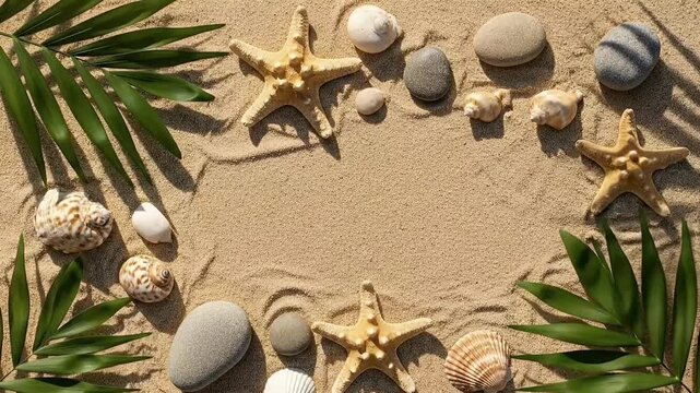A serene overhead flat lay shot displays a harmonious arrangement of natural elements on textured golden sand. Lush green palm leaves frame the corners, casting soft shadows, while various seashells, 