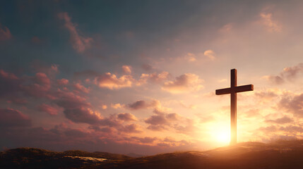 Good Friday background symbolizing hope, cross silhouette against early morning sunrise.