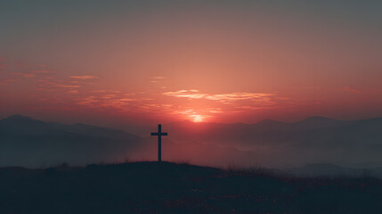 Obraz premium Mountain landscape Good Friday background, silhouetted cross against golden sunset sky.