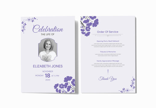 Memorial Funeral Obituary Program Template with Purple Floral Design