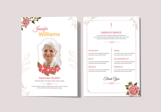 Elegant Floral Memorial Funeral Program Template with Illustration