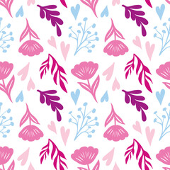 Cute Hand-Drawn Floral and Heart Seamless Pattern