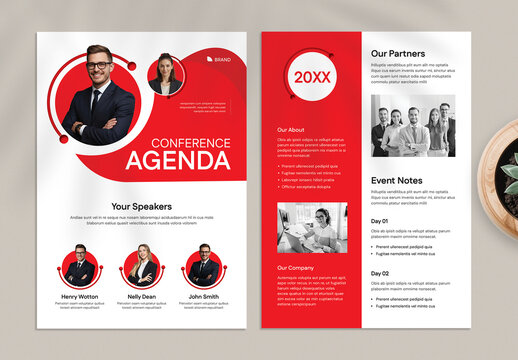 Professional Corporate Conference Agenda Flyer Template with Red Accents
