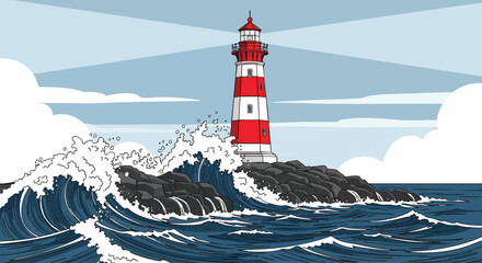Illustration of a resilient red and white lighthouse on a rocky island, enduring a stormy ocean with powerful crashing waves, symbolizing guidance and unwavering hope in turbulent waters