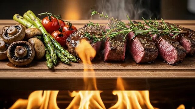 A succulent, perfectly grilled steak, beautifully sliced to reveal its tender, juicy interior, rests on a rustic wooden cutting board. Garnished with fresh rosemary and thyme, the steaming beef is acc