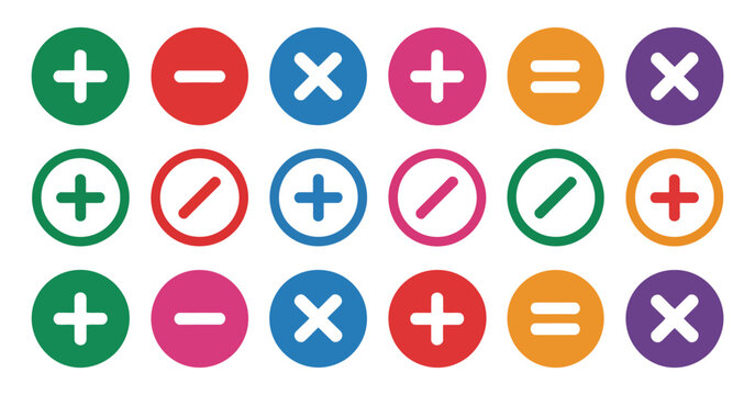 Flat mathematics symbols, collection of plus, minus, multiply, divide, equal, and percentage icons in bright circular and square designs