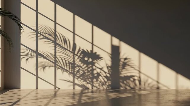 A tranquil and minimalist interior scene bathed in warm natural sunlight. Dramatic, geometric shadows from a large window frame stretch across a clean, light-colored wall and polished concrete floor. 