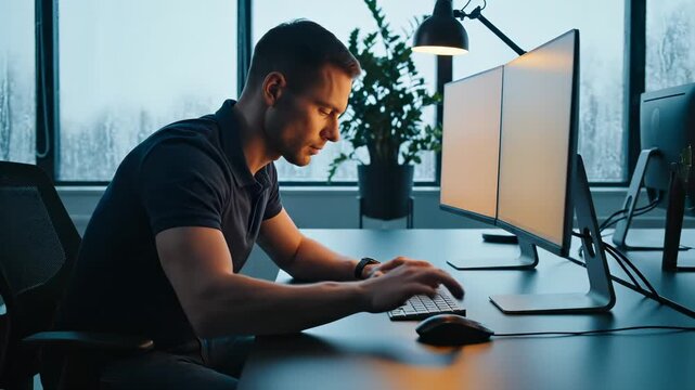 Man works at computer with dual monitor setup in office. Developer types on keyboard at desk. Man uses computer for work. Professional at workstation with monitor screens in office space.