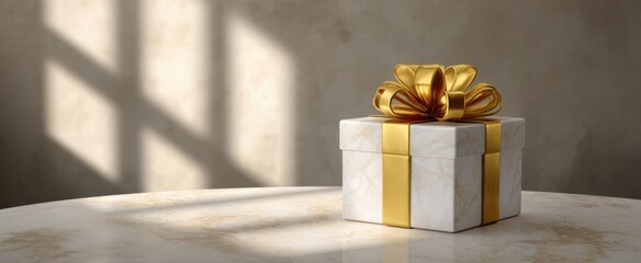 Obraz premium A gift box with a gold bow sparkles like sunshine on marble in a warm embrace.