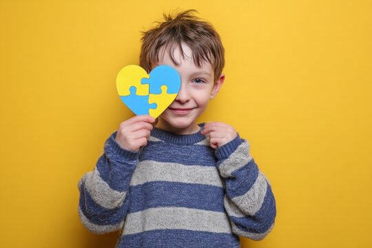 Happy Young Boy Holding Heart Puzzle Piece on Bright Yellow Background