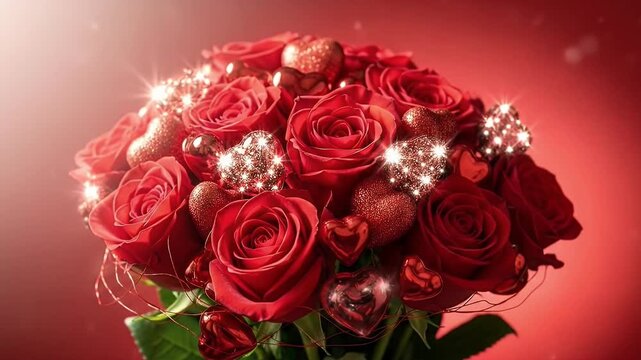 A vibrant and luxurious bouquet of deep red roses takes center stage against a softly glowing red background. Interspersed among the lush blooms are numerous shimmering heart-shaped ornaments, some sp