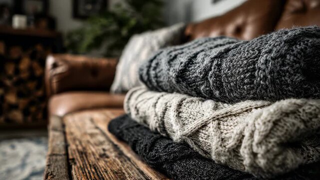 Layered knit and fleece throws on a rustic couch textured warmth emphasized in sharp detail while the rest of the room fades gently out of focus.