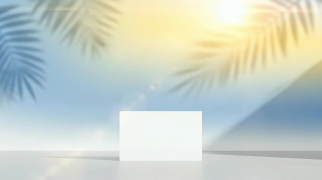 A vibrant and serene abstract background features a clean, empty white display block on a minimalist surface, ready for product presentation or text overlay. Dynamic palm leaf shadows dance across a s