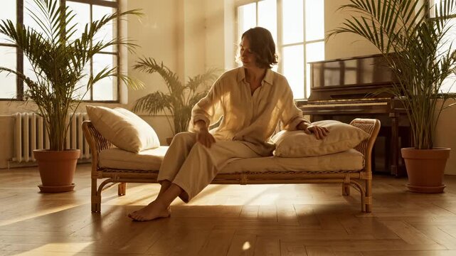 Woman meditates on daybed in sunlit room with plants around. Female sits on rattan lounge practicing meditation. Woman relaxes on daybed near window. Sunlit meditation in peaceful room.