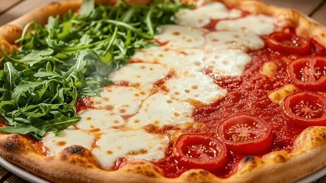 A vibrant, appetizing close-up of a freshly baked pizza, expertly crafted with a golden, bubbly crust. The surface features three distinct, colorful sections: a lush bed of fresh green arugula, genero