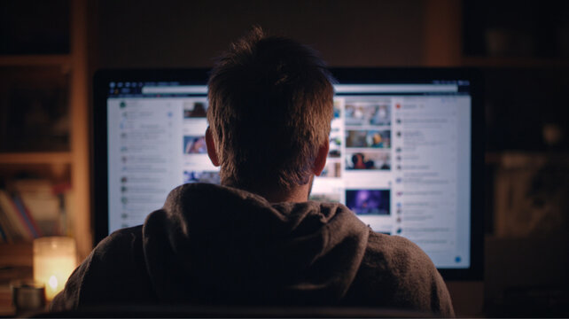 Man Editing Video on Computer, Back View in Dim Room, Digital Content Creation