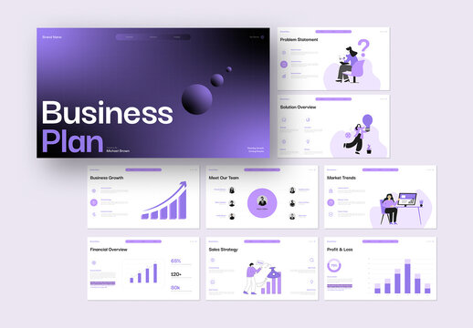 Modern Business Plan Presentation Template with Purple Gradient Accents