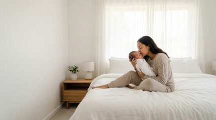 Fototapeta premium Tender young mother kissing her swaddled newborn baby while sitting on a clean white bed in a bright minimalist bedroom with copy space for motherhood and family wellness concept.