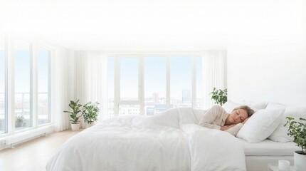 Fototapeta premium Peaceful blonde woman sleeping soundly in a bright minimalist apartment bedroom with floor-to-ceiling windows and copy space for wellness and rest concept.