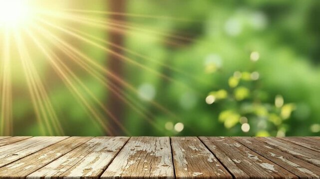 A vibrant outdoor scene featuring a distressed, weathered wooden tabletop in the foreground, perfect for product display or text overlay. The background is a beautifully blurred bokeh of lush green fo
