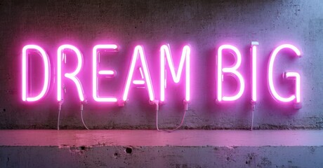Fototapeta premium Pink neon sign displays DREAM BIG against textured concrete wall. Minimalist aesthetic, inspirational message, dark background.