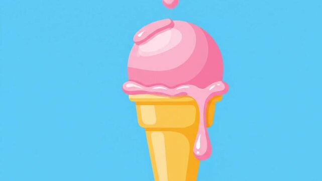 Minimalist 2D Vector Animation of Melting Pink Ice Cream Cone on Blue Background Seamless Loop