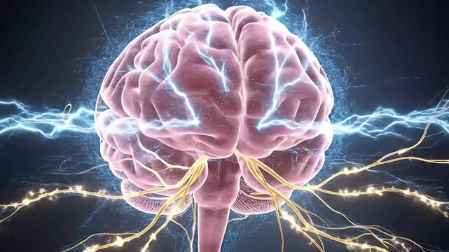 A visually striking 3D rendered depiction of a human brain pulsates with vibrant blue electrical energy, resembling lightning or active neural impulses. Intricate golden nerve pathways extend from the