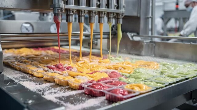 Industrial medium shot capturing sorbet being extruded and molded on a production line highlighting vibrant fruit pur&eacute;e mixing with ice before rapid freezing in a controlled